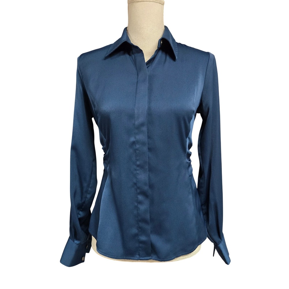 Banana Republic Satin Ruched Side Long Sleeve Blouse Workwear Classic Blue Sz 0